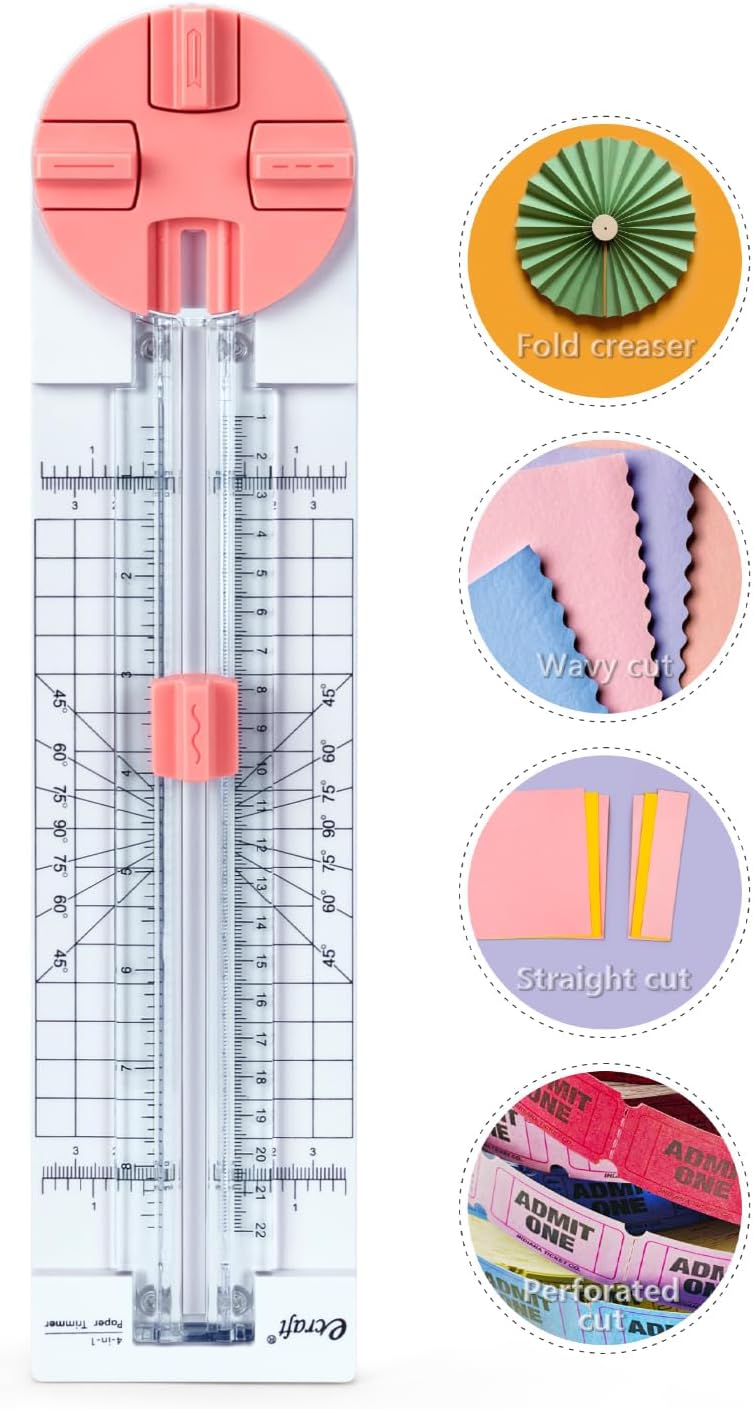 ecraft Pink Paper Cutter 4-in-1 Paper Trimmer Multi-Function Scrapbooking Tool with Straight, Wave, Perforated & Creasing Blades for Craft Paper,Cardstock, Coupon, Label, Photo,Postcard - Image 1